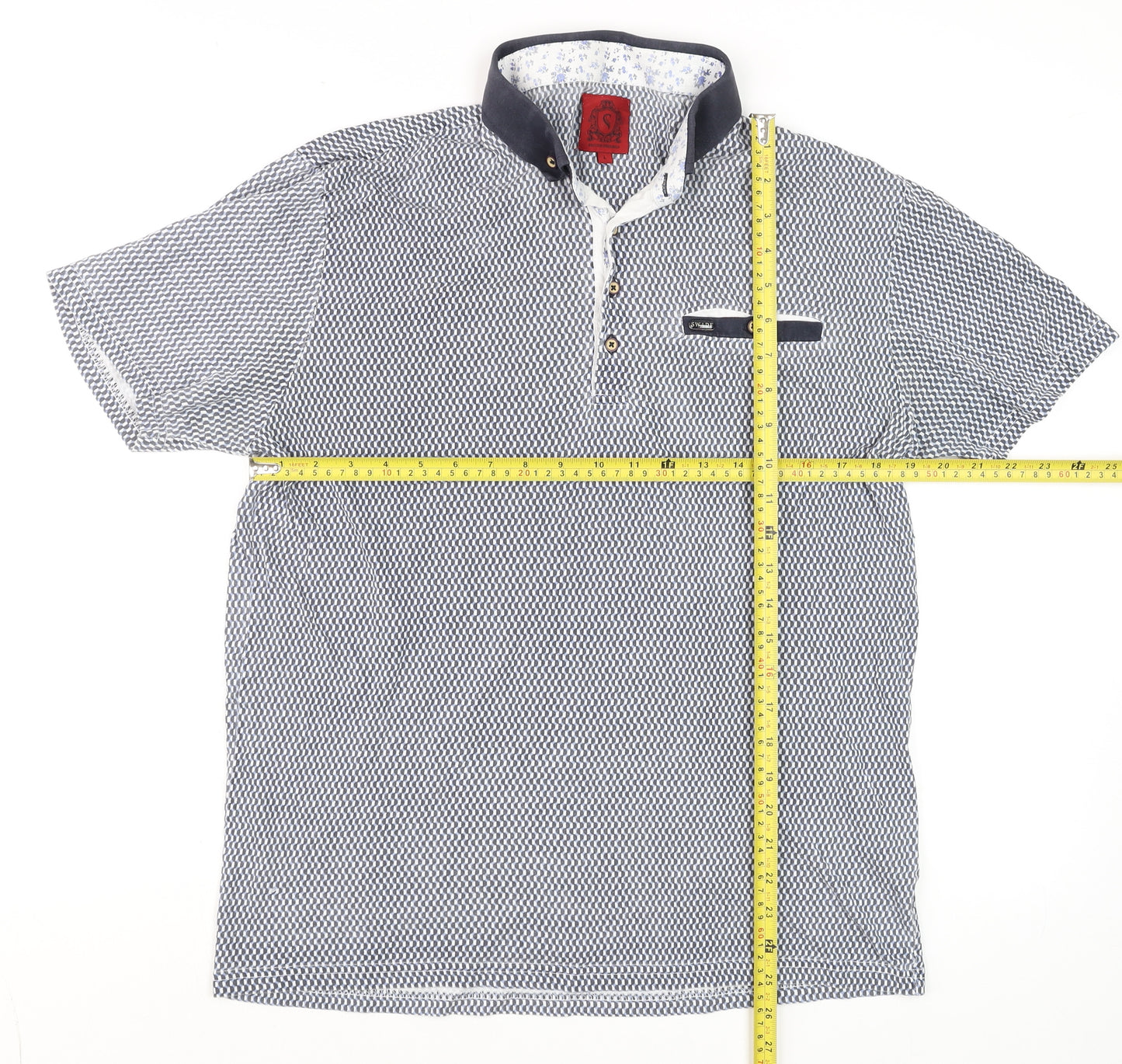 Swade Men's Blue Geometric Cotton Short Sleeve Polo Shirt L