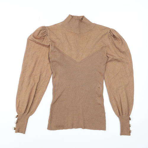 River Island Women’s Brown High Neck Puff Sleeve Knit Blouse Size 10