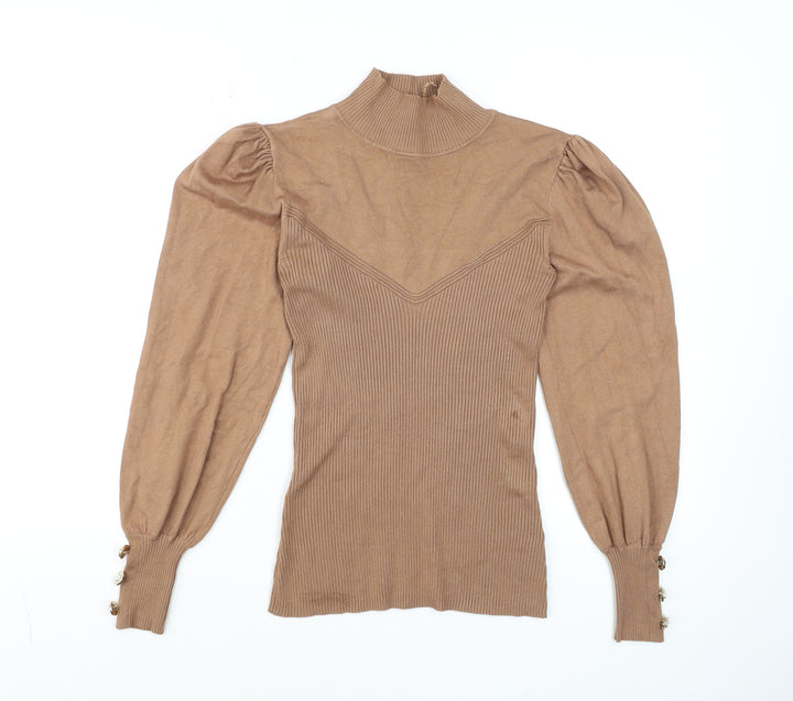River Island Women’s Brown High Neck Puff Sleeve Knit Blouse Size 10