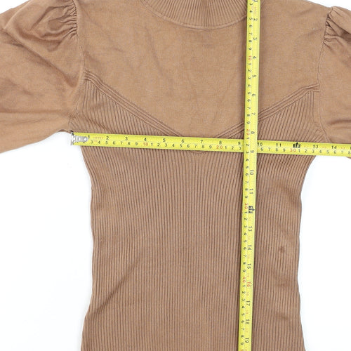 River Island Women’s Brown High Neck Puff Sleeve Knit Blouse Size 10