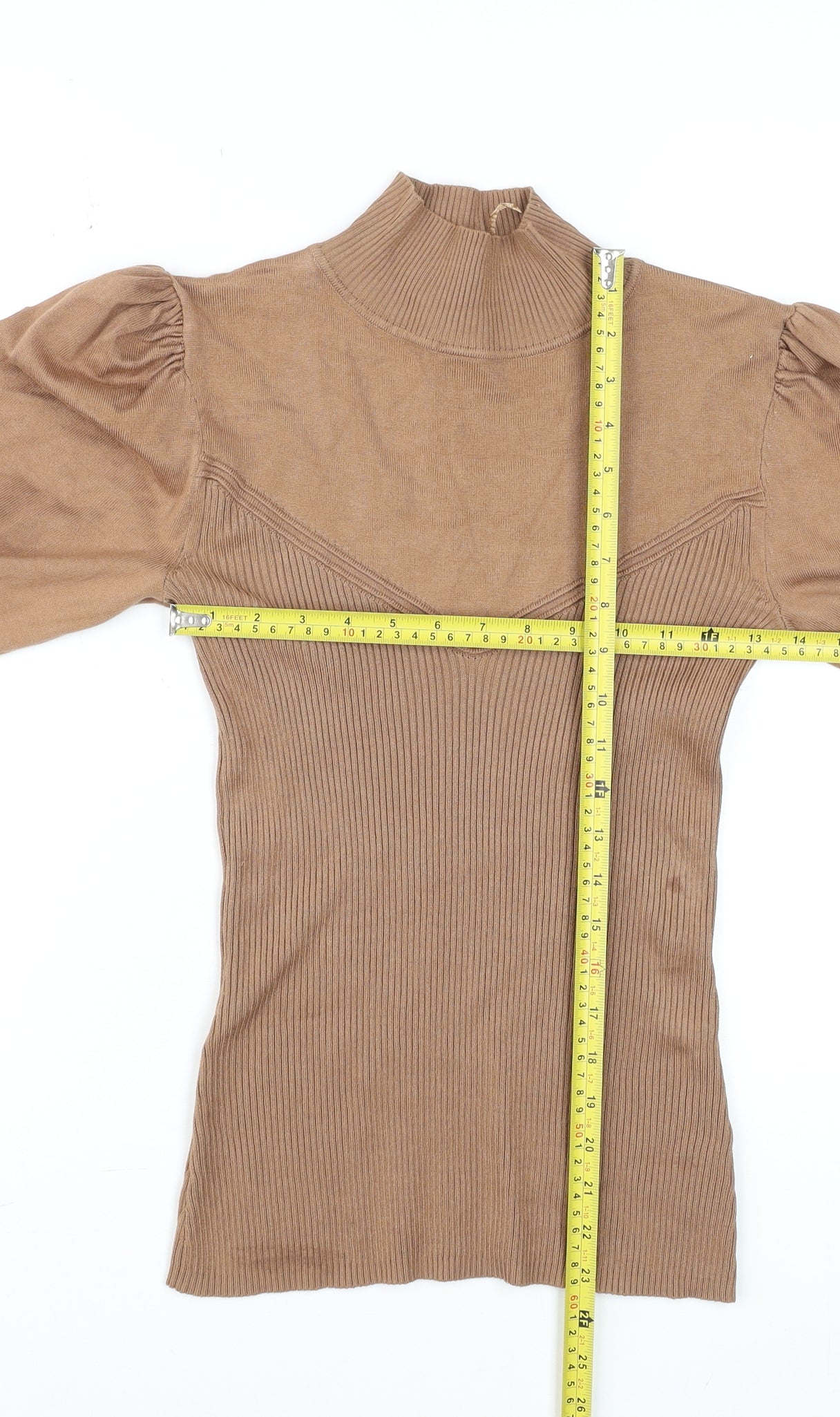 River Island Women’s Brown High Neck Puff Sleeve Knit Blouse Size 10