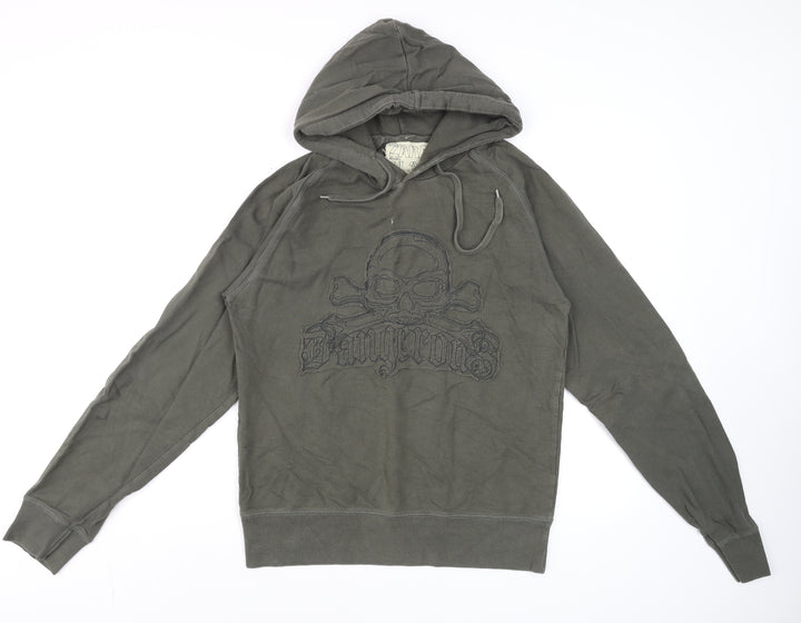 Zara Men's Green Skull Embroidered Pullover Hoodie Size M