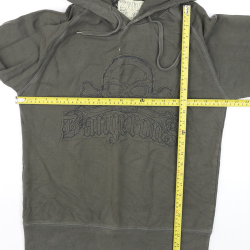 Zara Men's Green Skull Embroidered Pullover Hoodie Size M