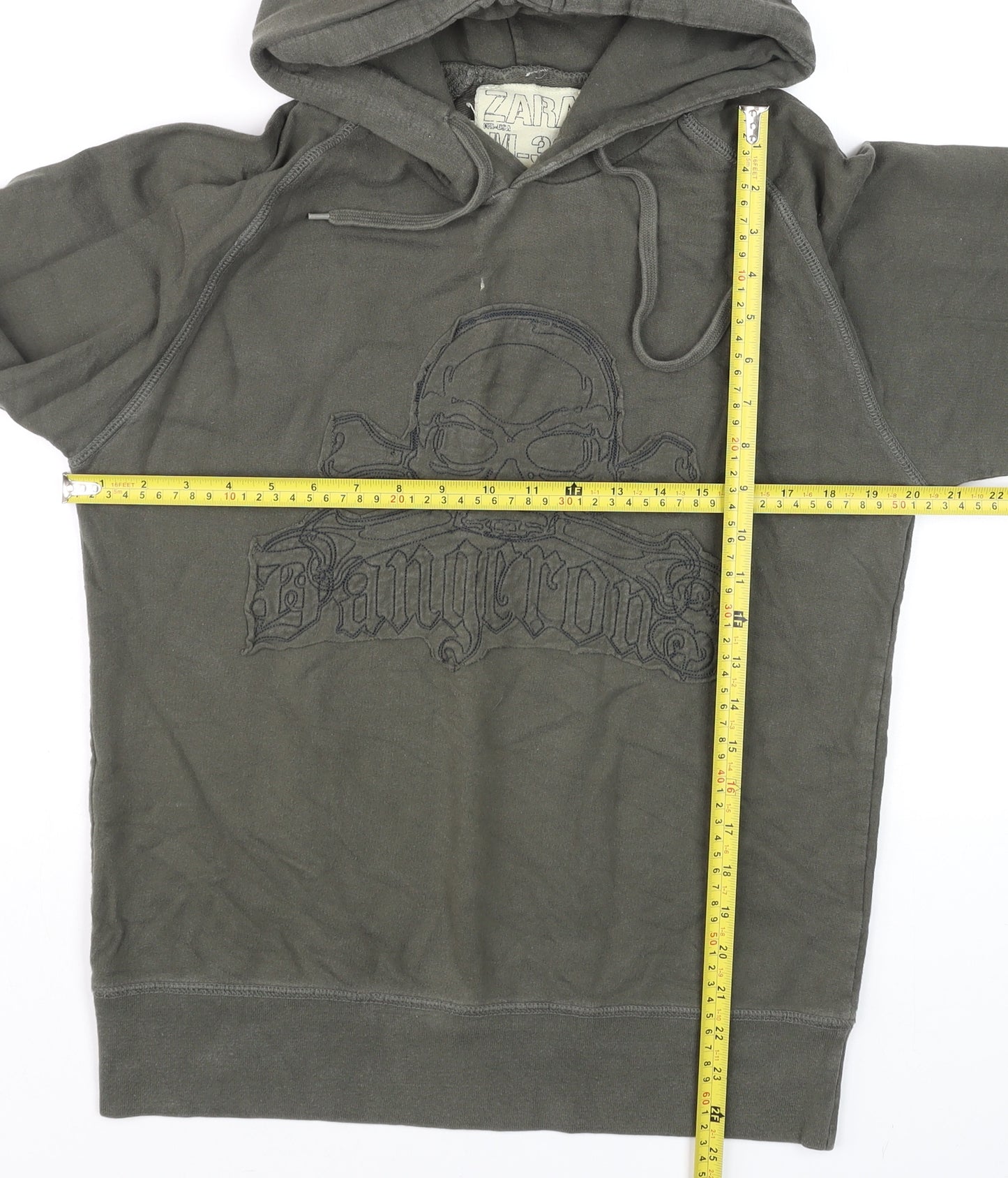 Zara Men's Green Skull Embroidered Pullover Hoodie Size M