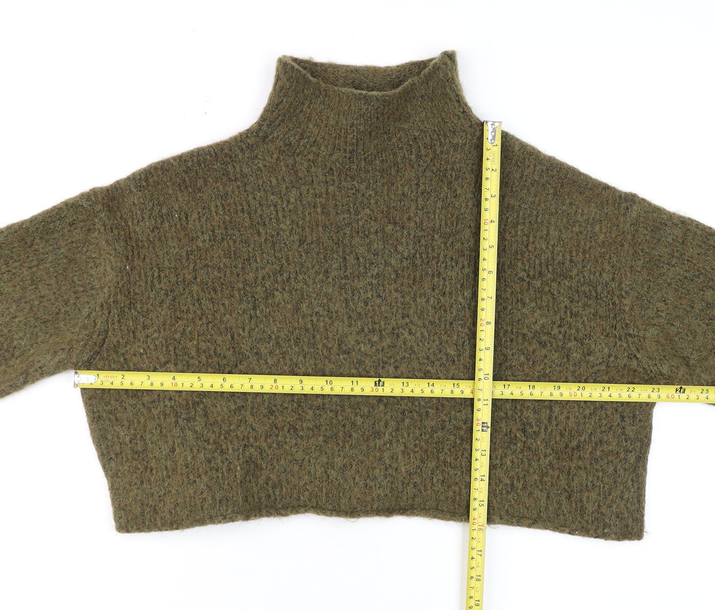 ZARA Women Green Mock Neck Chunky Knit Wool Blend Jumper Size S