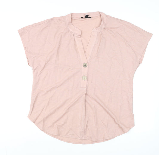 Cortefiel Women’s Pink Short Sleeve Henley Blouse Size 10 Cotton Blend