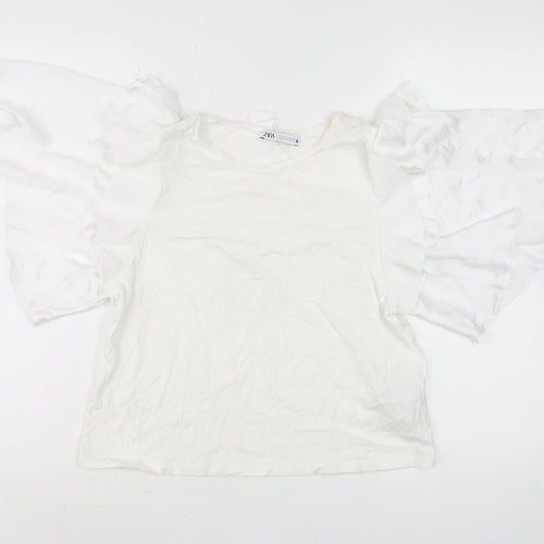 ZARA Women White Ruffle Flutter Sleeve Tunic Blouse Size S
