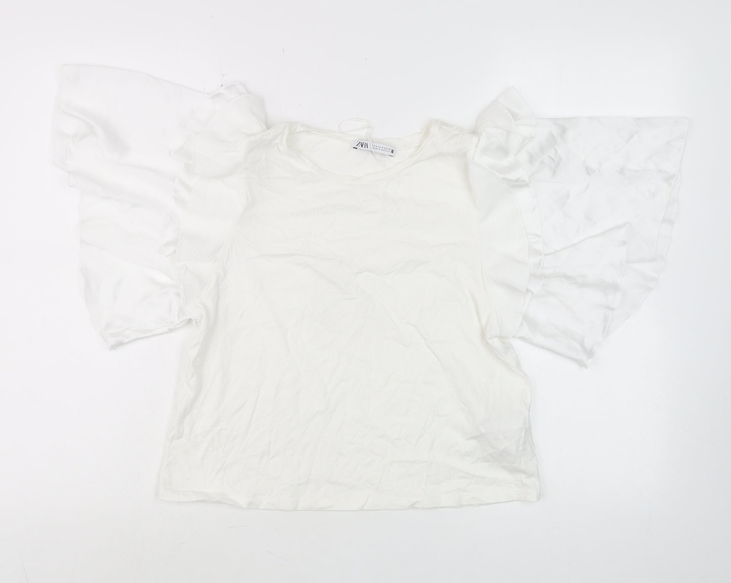 ZARA Women White Ruffle Flutter Sleeve Tunic Blouse Size S