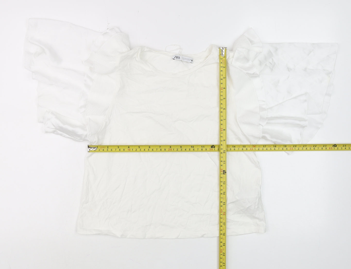 ZARA Women White Ruffle Flutter Sleeve Tunic Blouse Size S