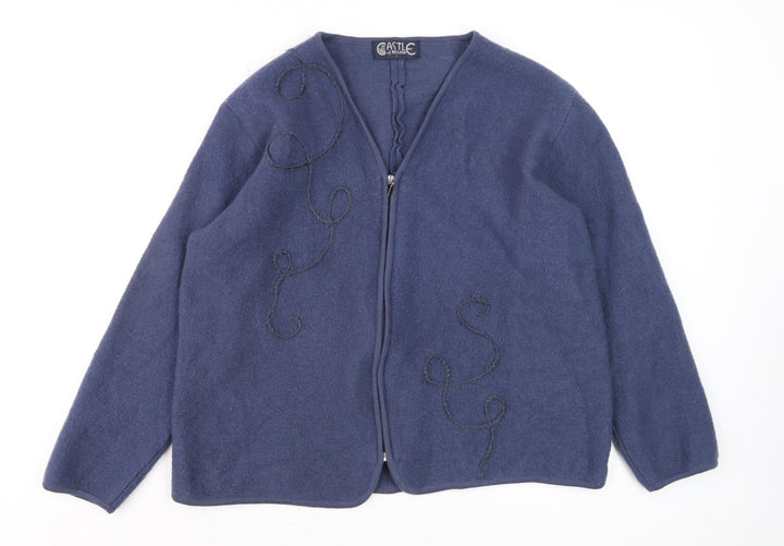 Castle of Ireland Women Blue Wool Full Zip V-Neck Cardigan L