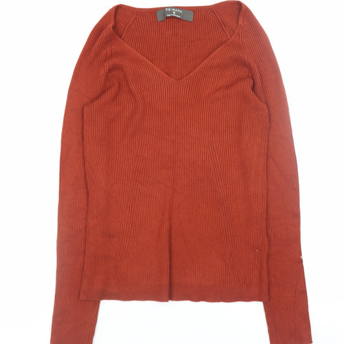 Primark Women’s Brown V-Neck Ribbed Long Sleeve Pullover Jumper M