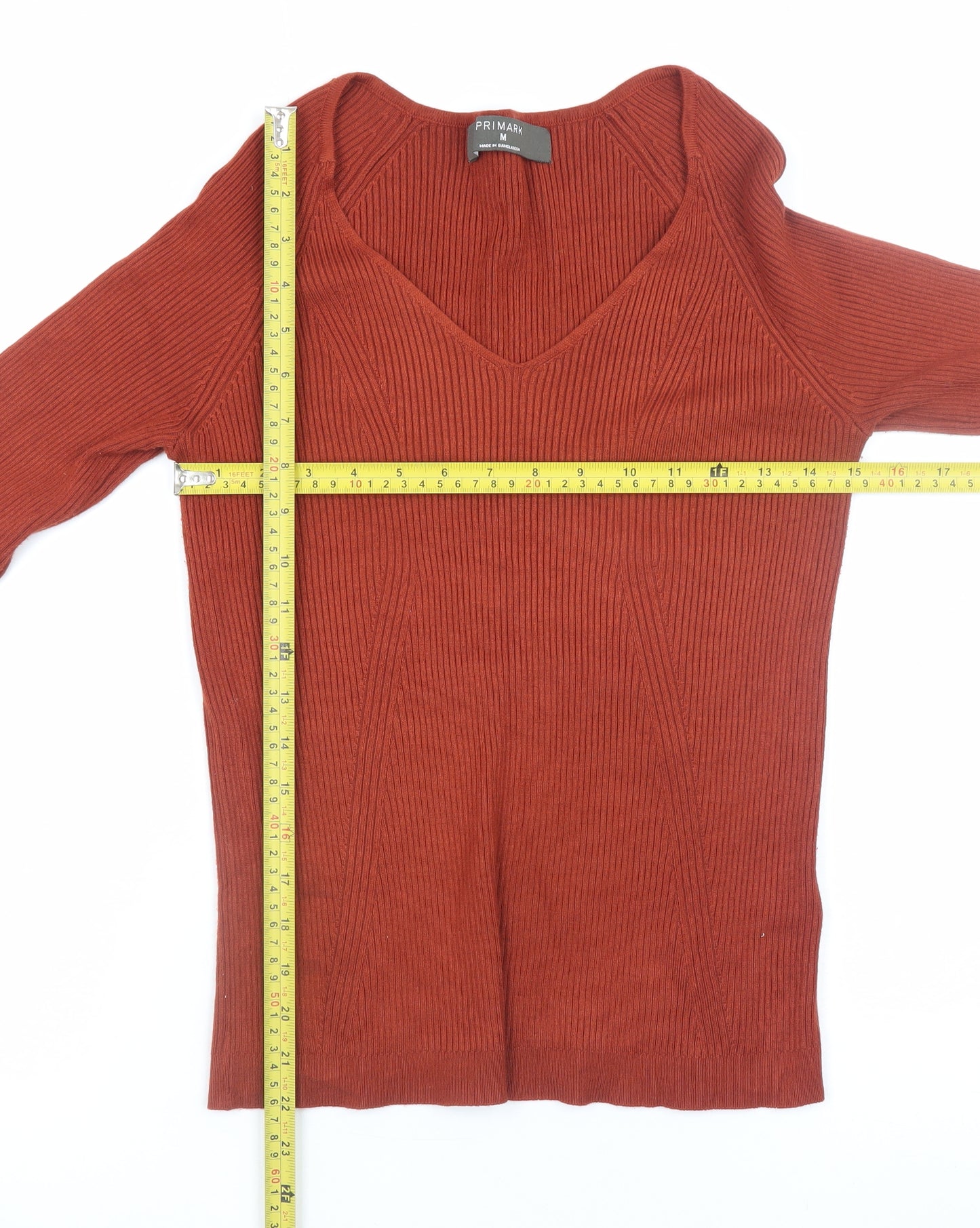 Primark Women’s Brown V-Neck Ribbed Long Sleeve Pullover Jumper M