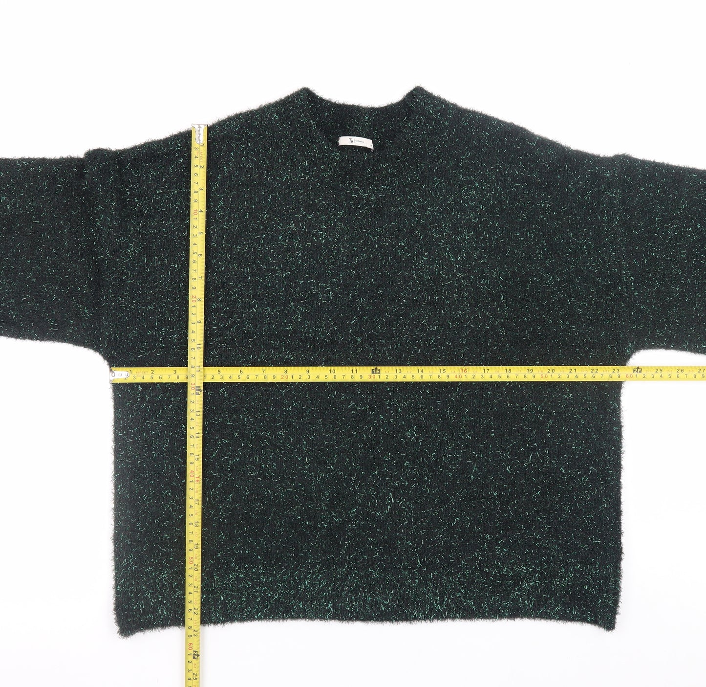 Tu Women Green Glitter Knit Relaxed Pullover Jumper Size 14