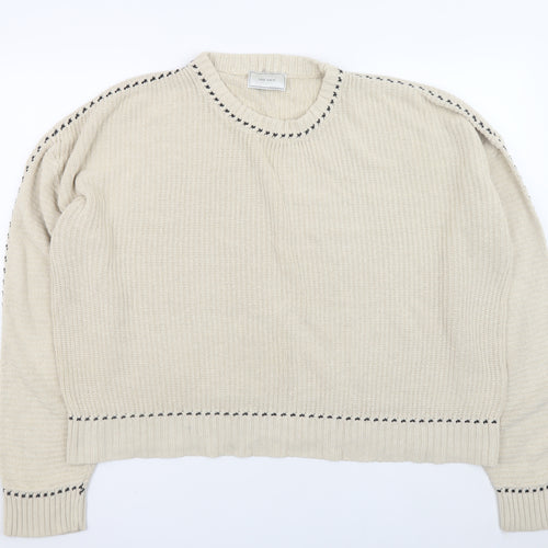 Neo Noir Mens Beige Chunky Knit Cotton Blend Crew Neck Jumper L