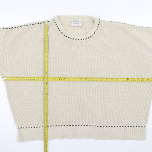 Neo Noir Mens Beige Chunky Knit Cotton Blend Crew Neck Jumper L