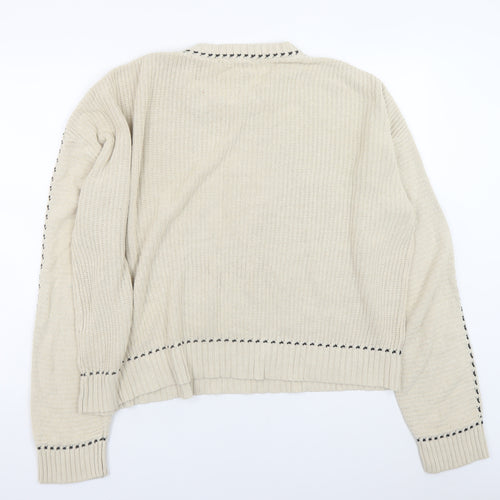 Neo Noir Mens Beige Chunky Knit Cotton Blend Crew Neck Jumper L
