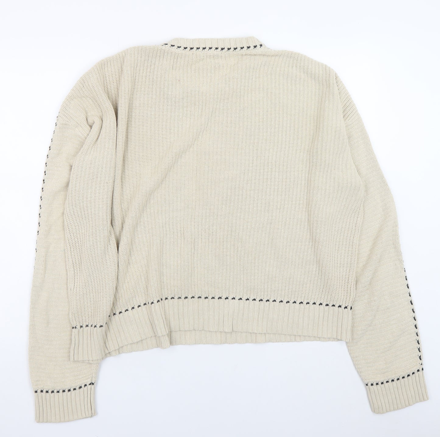 Neo Noir Mens Beige Chunky Knit Cotton Blend Crew Neck Jumper L
