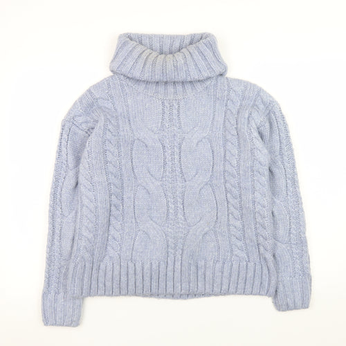 Tu Women Blue Cable-Knit Roll Neck Chunky Jumper Size S