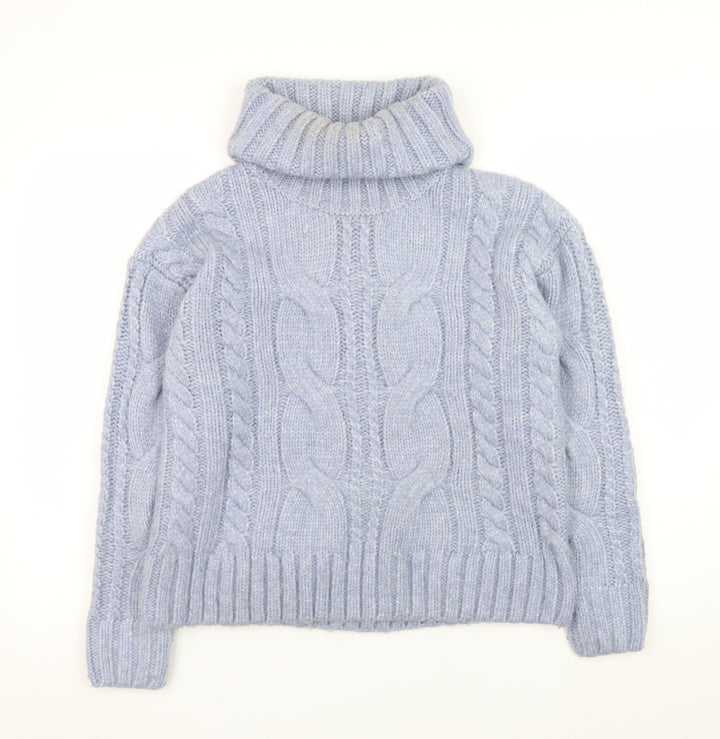 Tu Women Blue Cable-Knit Roll Neck Chunky Jumper Size S