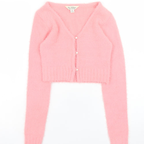 Miss Selfridge Women's Pink V-Neck Cropped Knit Cardigan 2XS