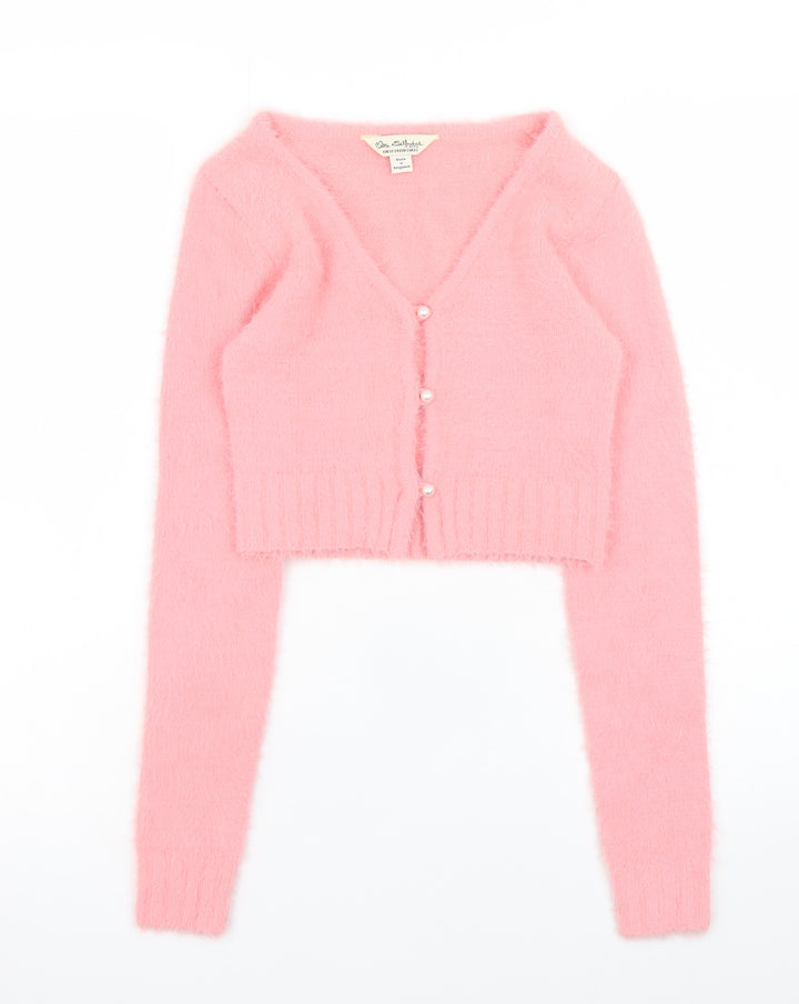 Miss Selfridge Women's Pink V-Neck Cropped Knit Cardigan 2XS