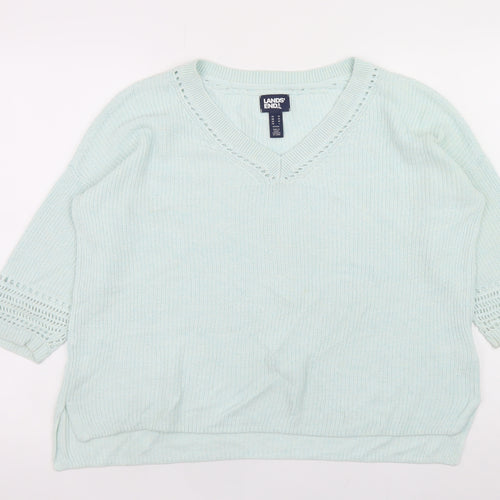 Lands' End Women's Blue Petite Linen Cotton V-Neck 3/4 Sleeve Jumper Size M