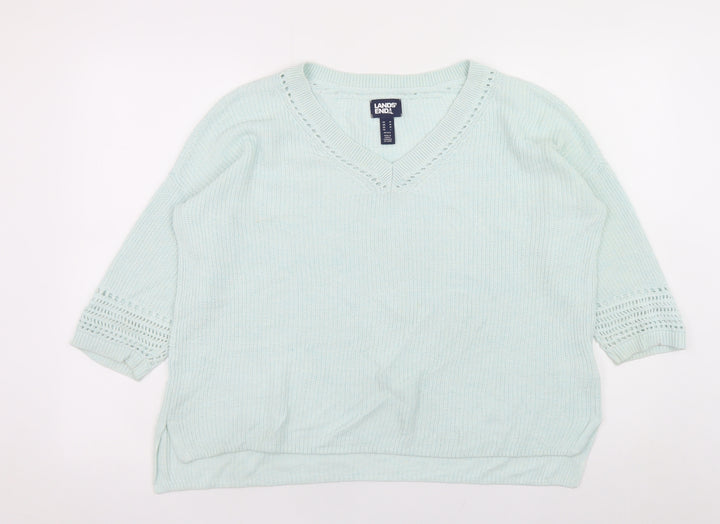 Lands' End Women's Blue Petite Linen Cotton V-Neck 3/4 Sleeve Jumper Size M