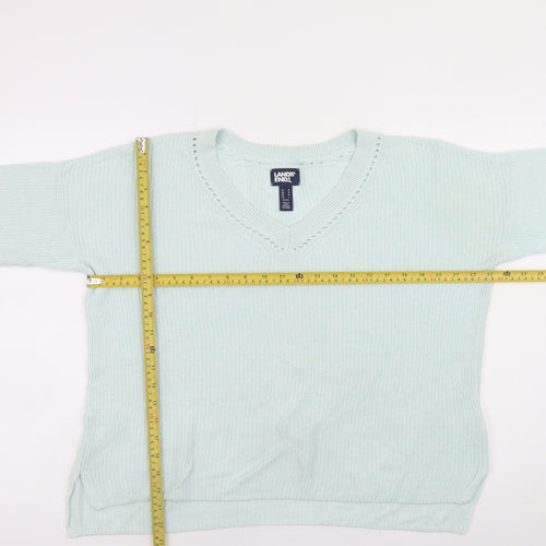 Lands' End Women's Blue Petite Linen Cotton V-Neck 3/4 Sleeve Jumper Size M