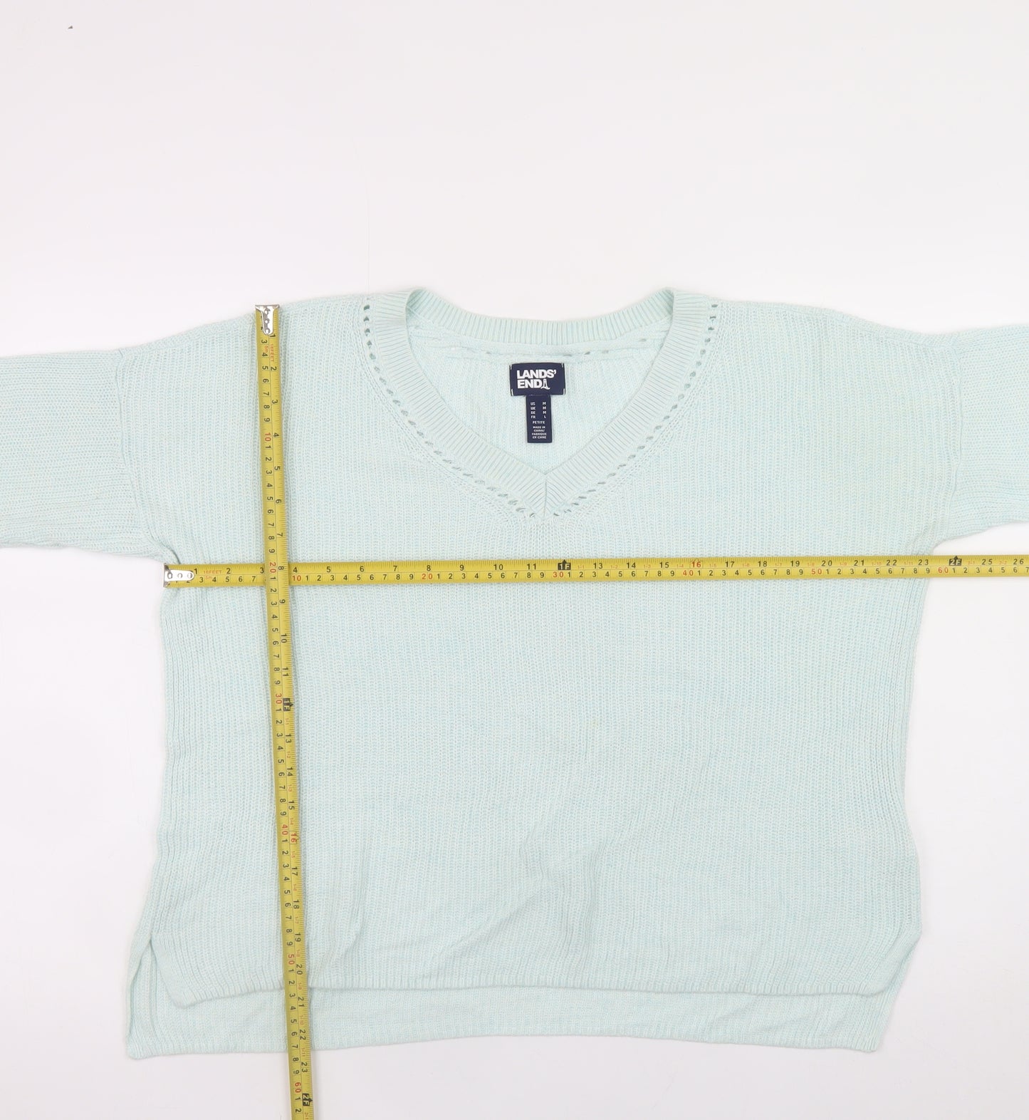 Lands' End Women's Blue Petite Linen Cotton V-Neck 3/4 Sleeve Jumper Size M