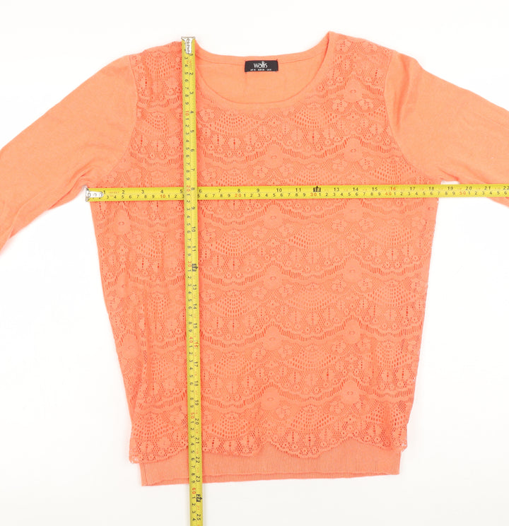 Wallis Women’s Orange Lace Knit 3/4 Sleeve Scoop Neck Jumper Size 10