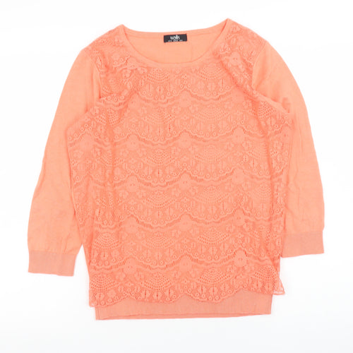Wallis Women’s Orange Lace Knit 3/4 Sleeve Scoop Neck Jumper Size 10