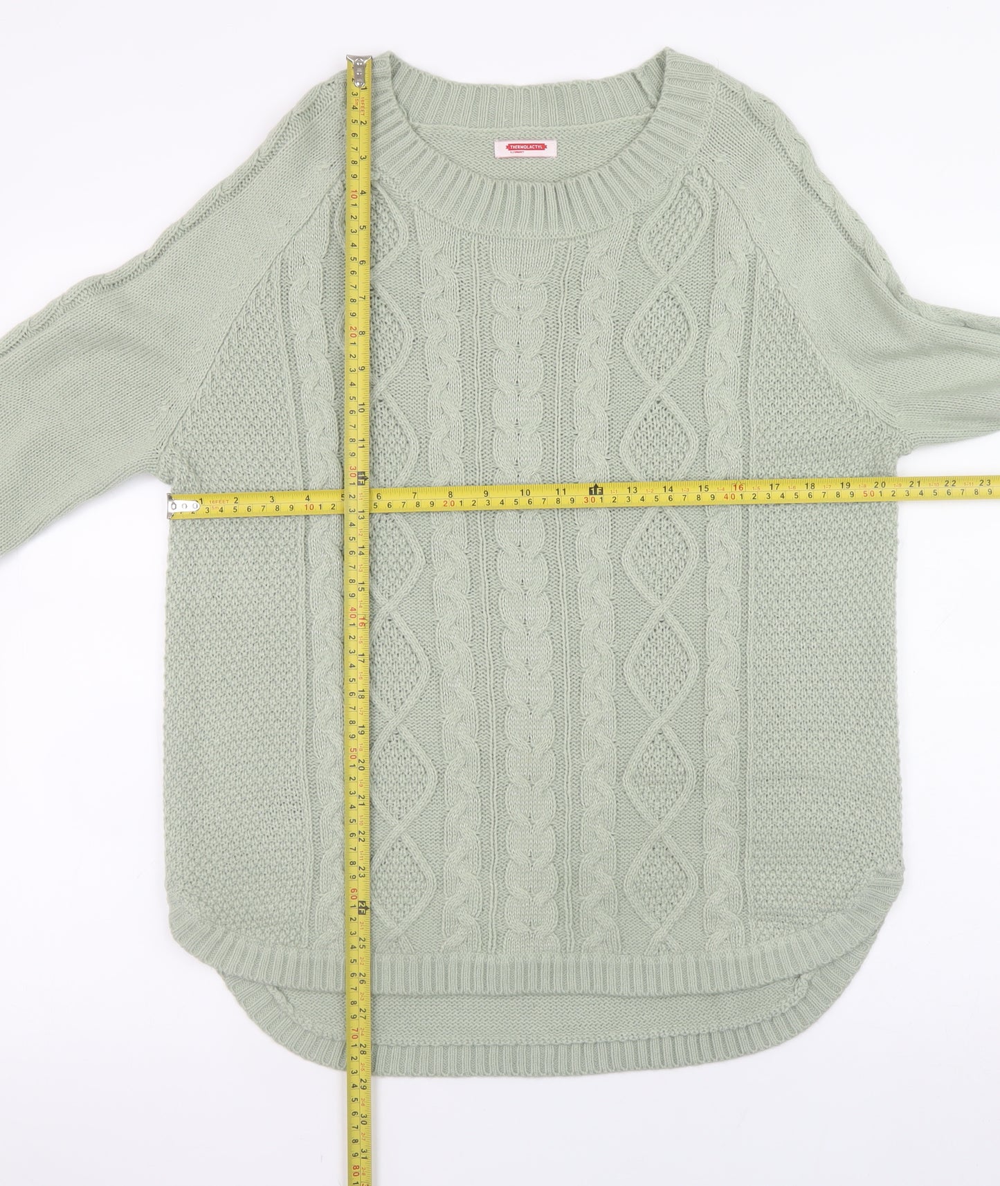 Damart Women Green Cable-Knit Crew Neck Long Sleeve Pullover Jumper Size M