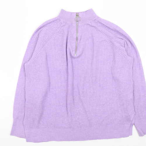 Marks and Spencer Women Purple Mock Neck Half Zip Ribbed Jumper M
