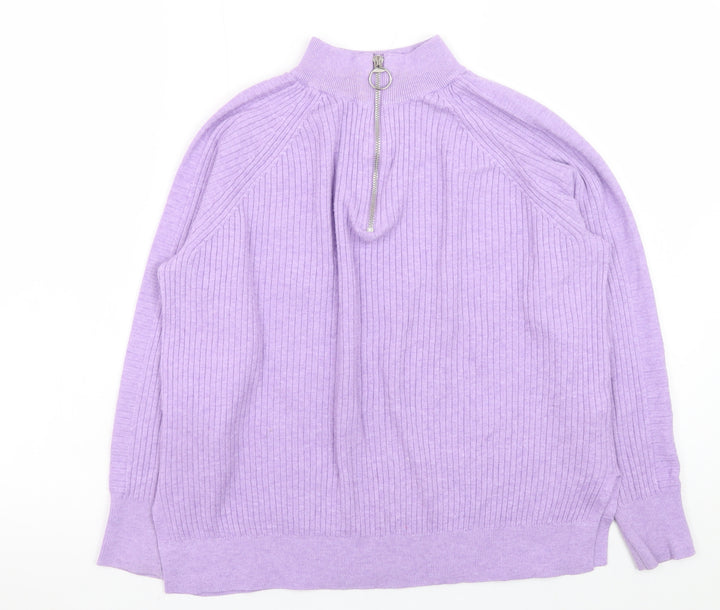 Marks and Spencer Women Purple Mock Neck Half Zip Ribbed Jumper M