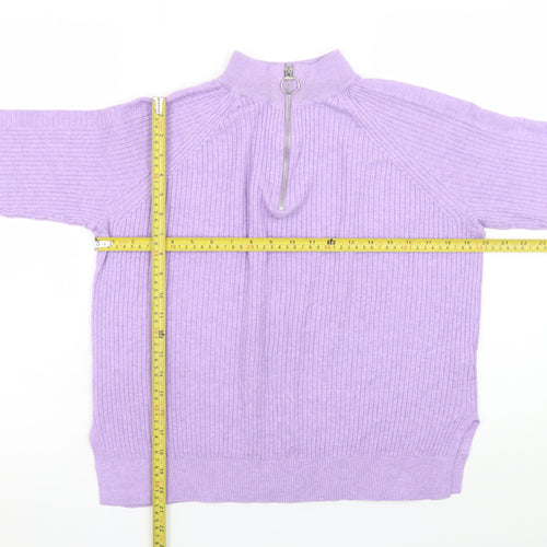 Marks and Spencer Women Purple Mock Neck Half Zip Ribbed Jumper M