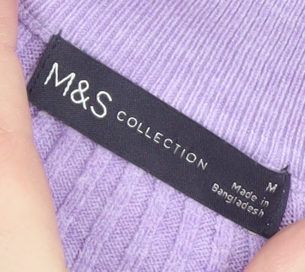 Marks and Spencer Women Purple Mock Neck Half Zip Ribbed Jumper M
