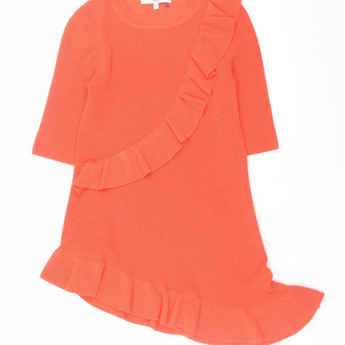 Next Women Orange Knit Ruffle Shift Dress Size 10