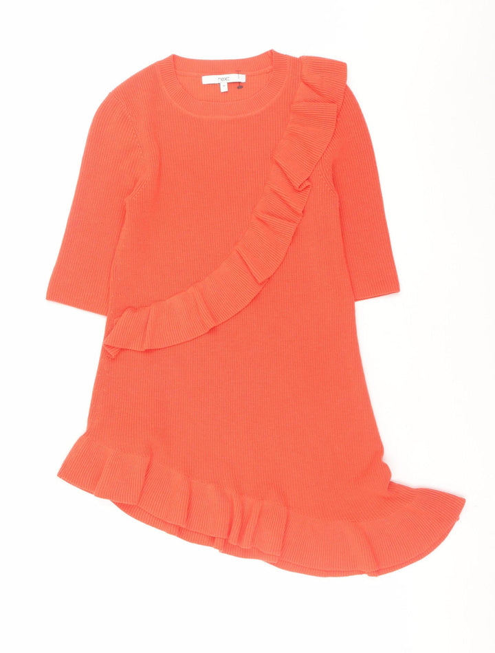 Next Women Orange Knit Ruffle Shift Dress Size 10