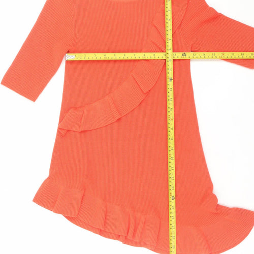 Next Women Orange Knit Ruffle Shift Dress Size 10