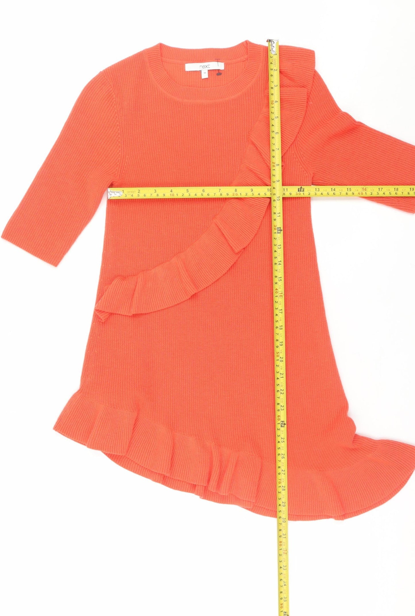 Next Women Orange Knit Ruffle Shift Dress Size 10