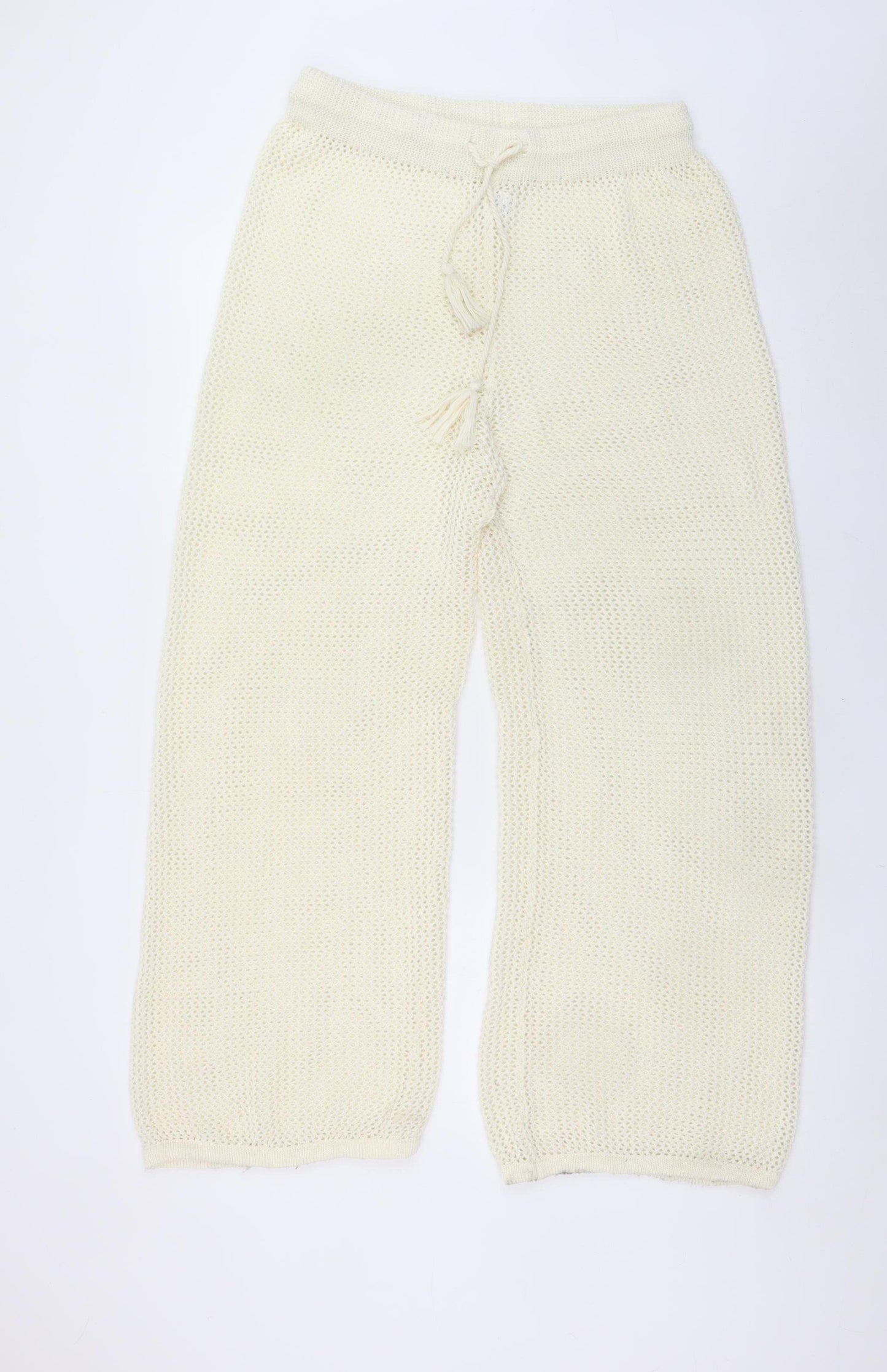 Primark Women Ivory Knit Wide-Leg Trousers L Boho Lightweight