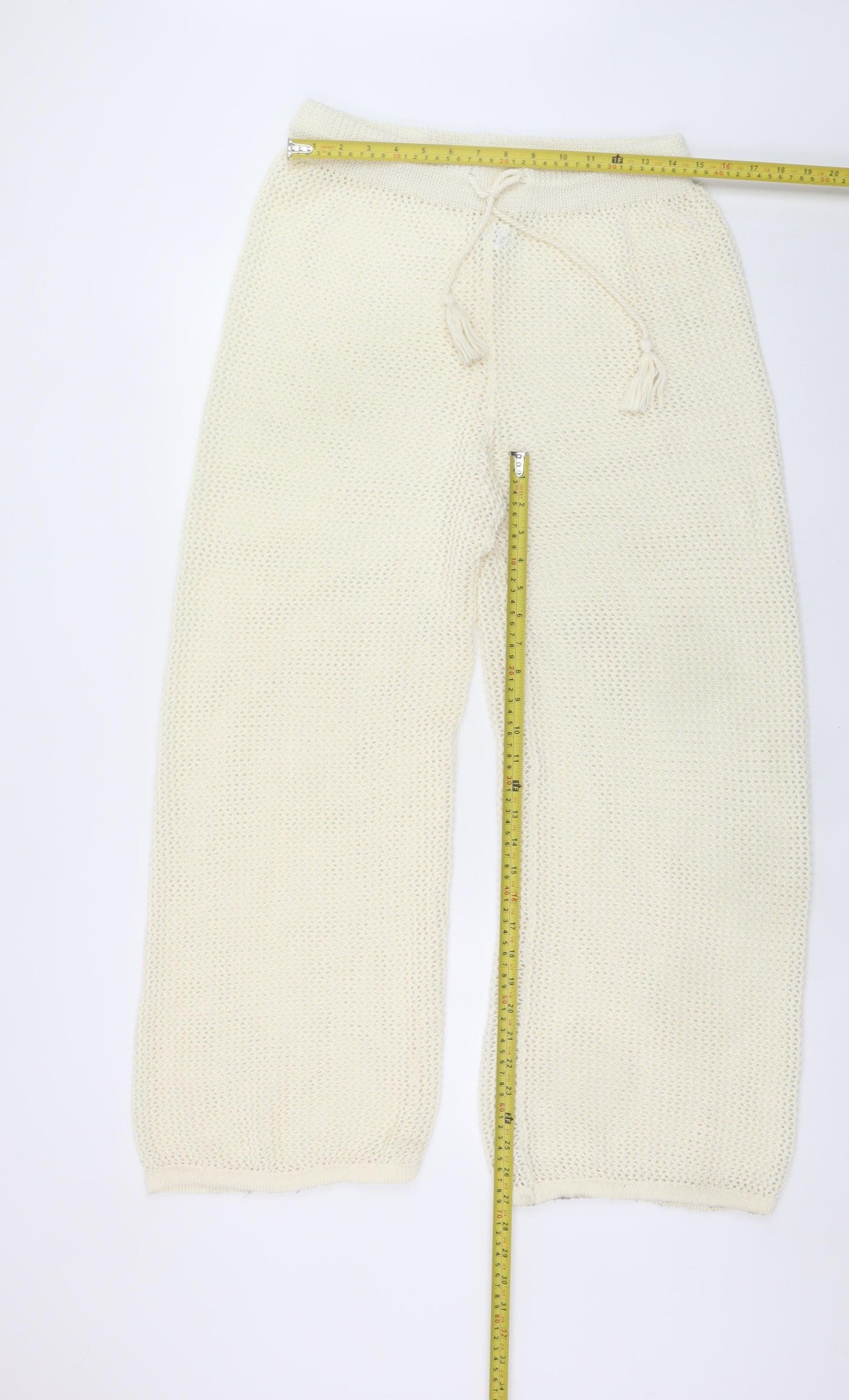 Primark Women Ivory Knit Wide-Leg Trousers L Boho Lightweight