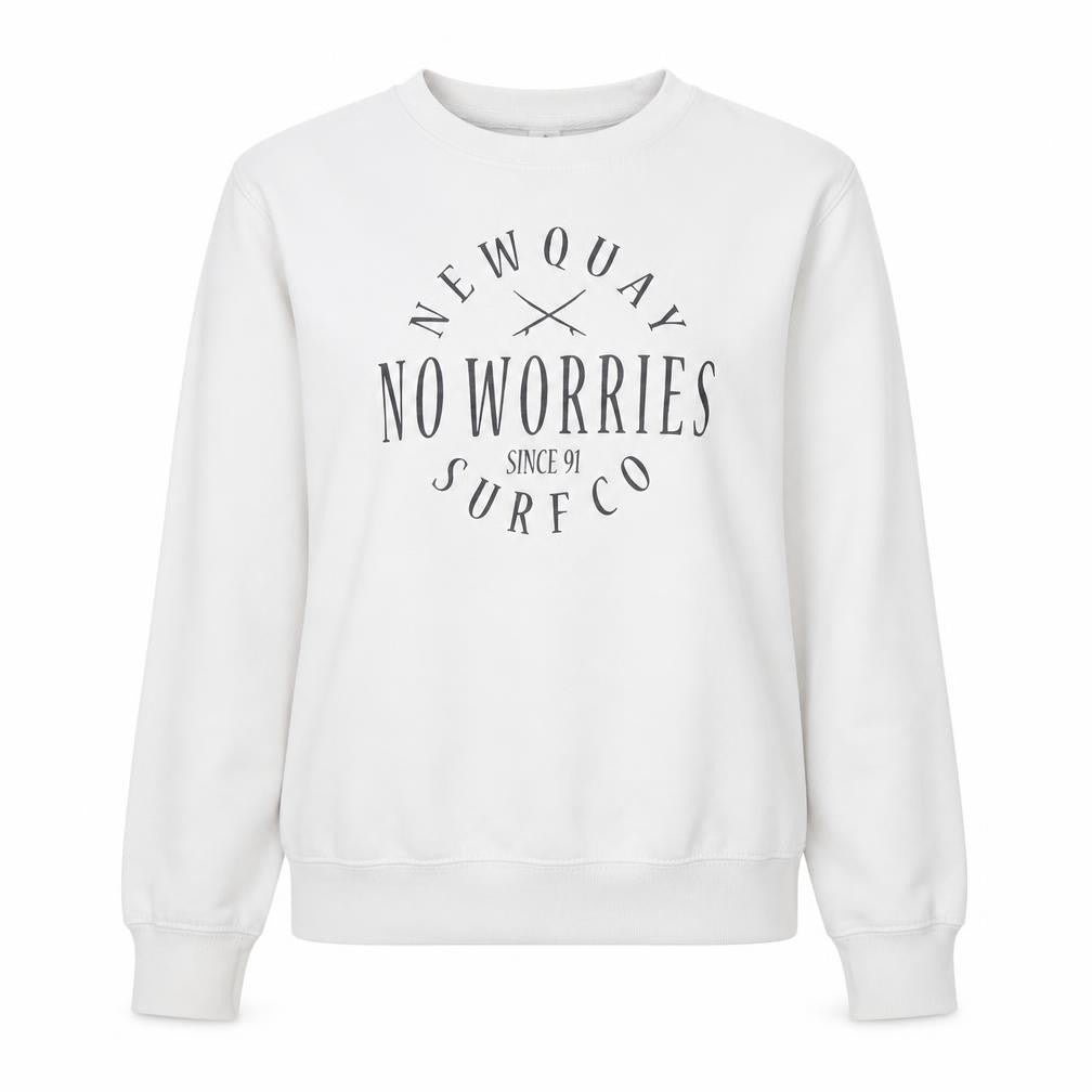 Front view of JustHoods AWDIS women’s white xs pullover sweatshirt surf graphic