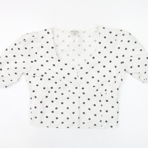 Brave Soul Womens White Polka Dot V-Neck Cropped Blouse Size S