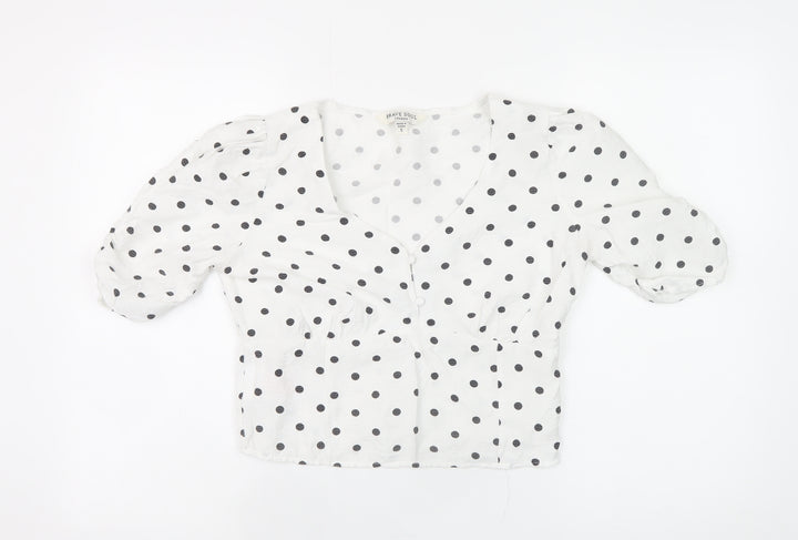 Brave Soul Womens White Polka Dot V-Neck Cropped Blouse Size S