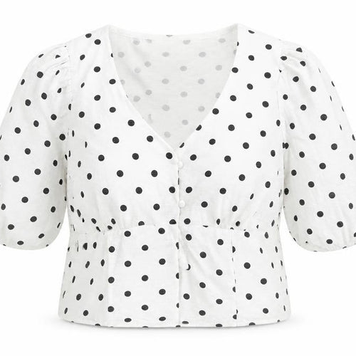 Brave Soul Womens White Polka Dot V-Neck Cropped Blouse Size S