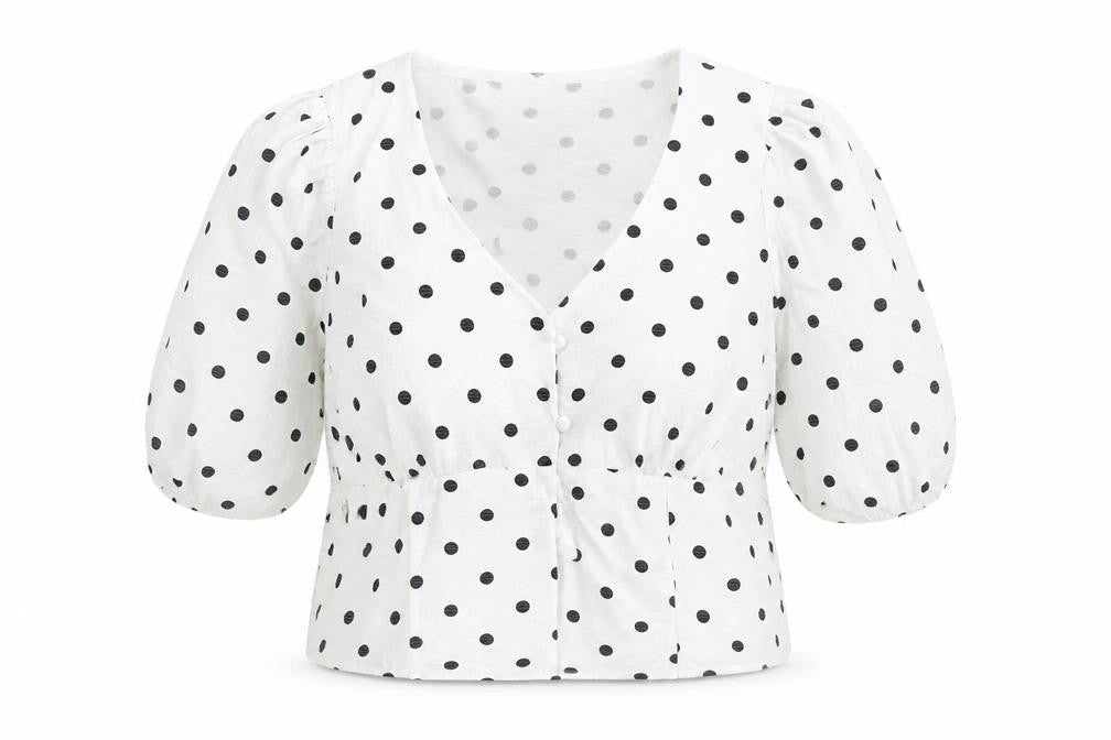 Brave Soul Womens White Polka Dot V-Neck Cropped Blouse Size S