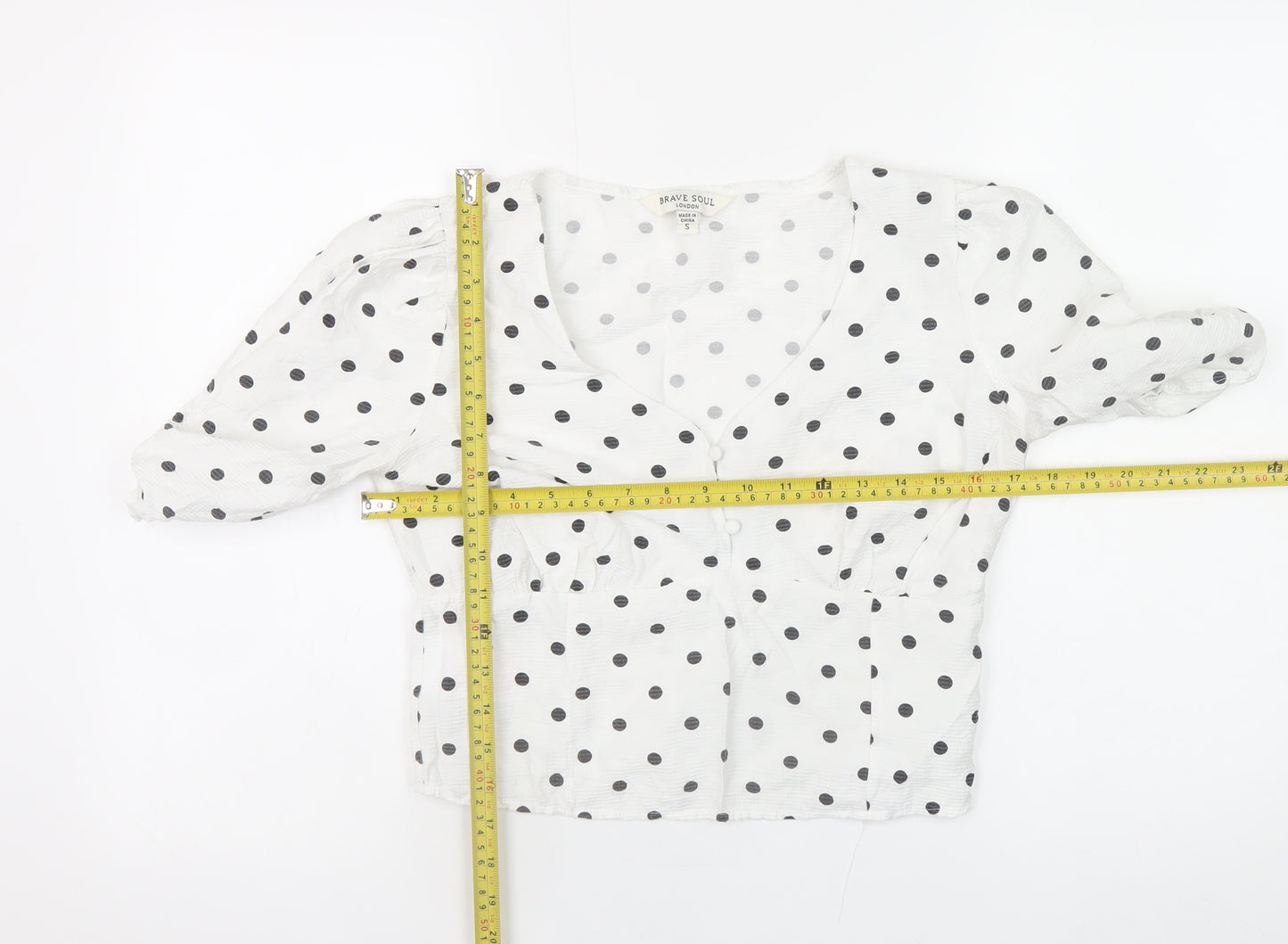 Brave Soul Womens White Polka Dot V-Neck Cropped Blouse Size S