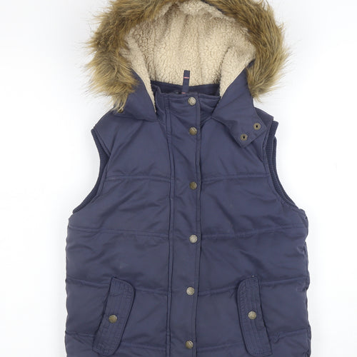 FatFace Girls Blue Faux Fur Hooded Puffer Gilet 10-11 Years