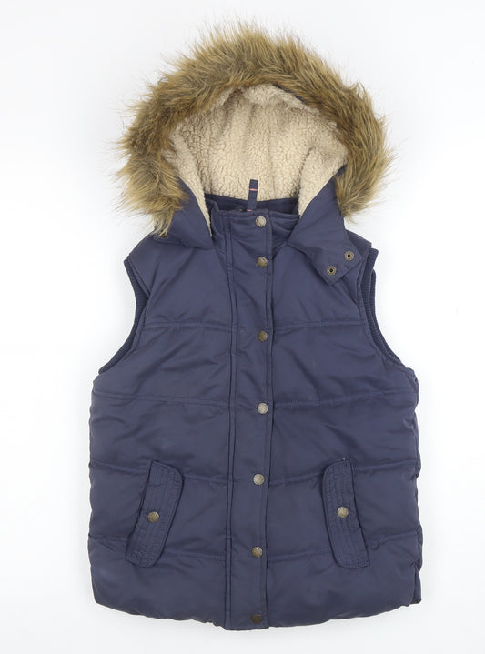 FatFace Girls Blue Faux Fur Hooded Puffer Gilet 10-11 Years